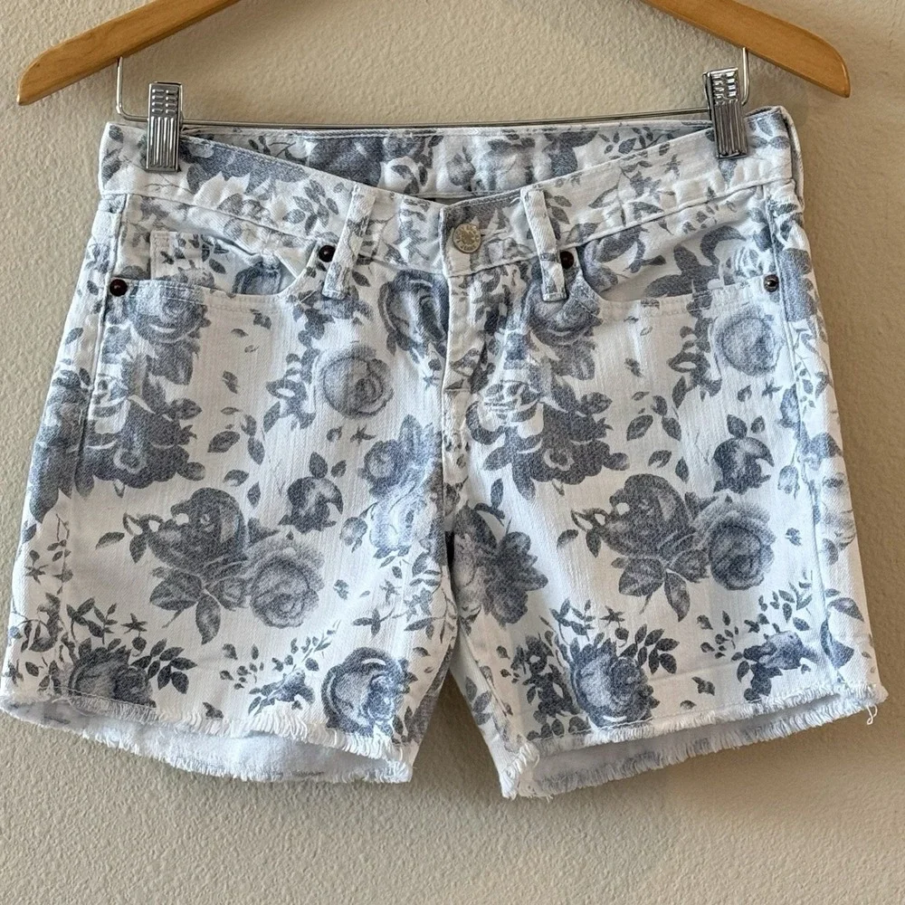 Floral Denim Cutoff Shorts Lucky Brand Garden Abbey Mid Rise White Blue 25